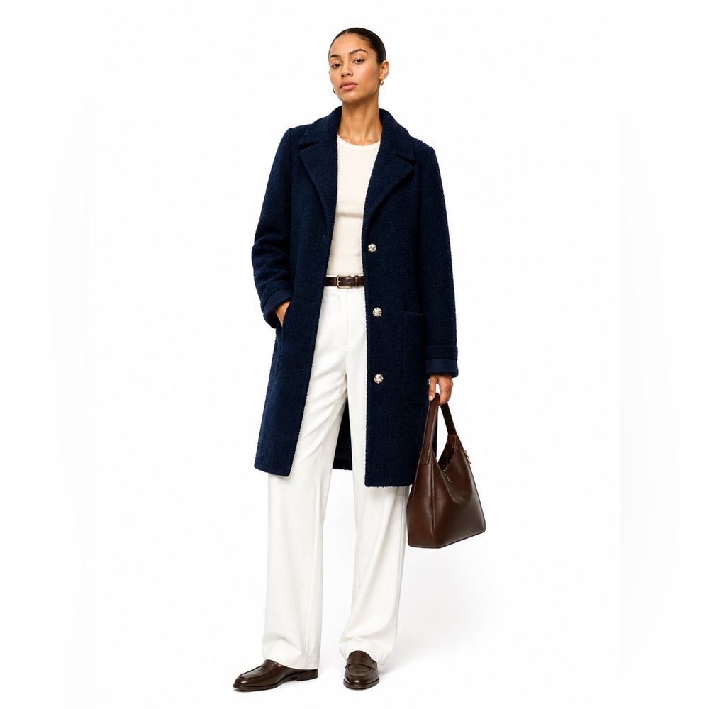VERO MODA - Navy Bouclé Teddy Coat | Minimalist Scandinavian Textured Jacket